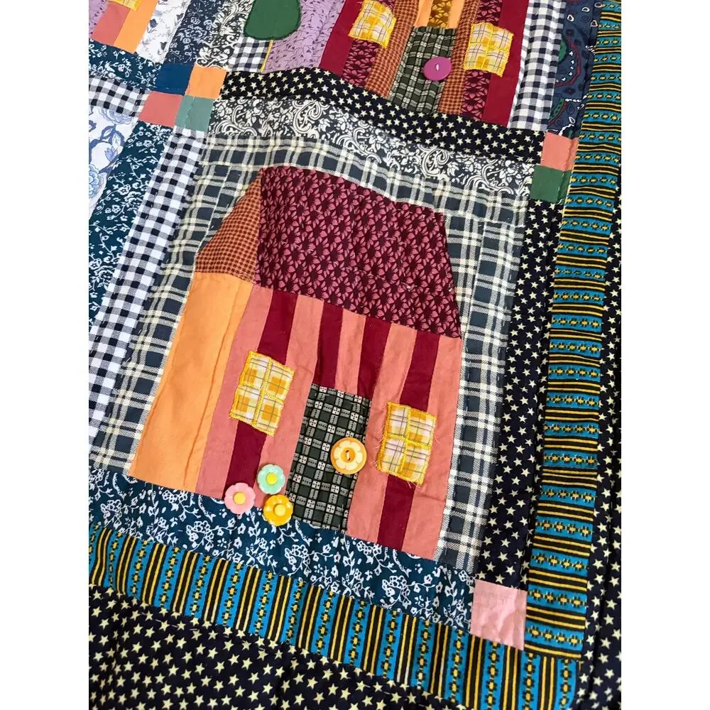 Vintage Handmade Little House Quilt 2000 Village Hand Stitched 48